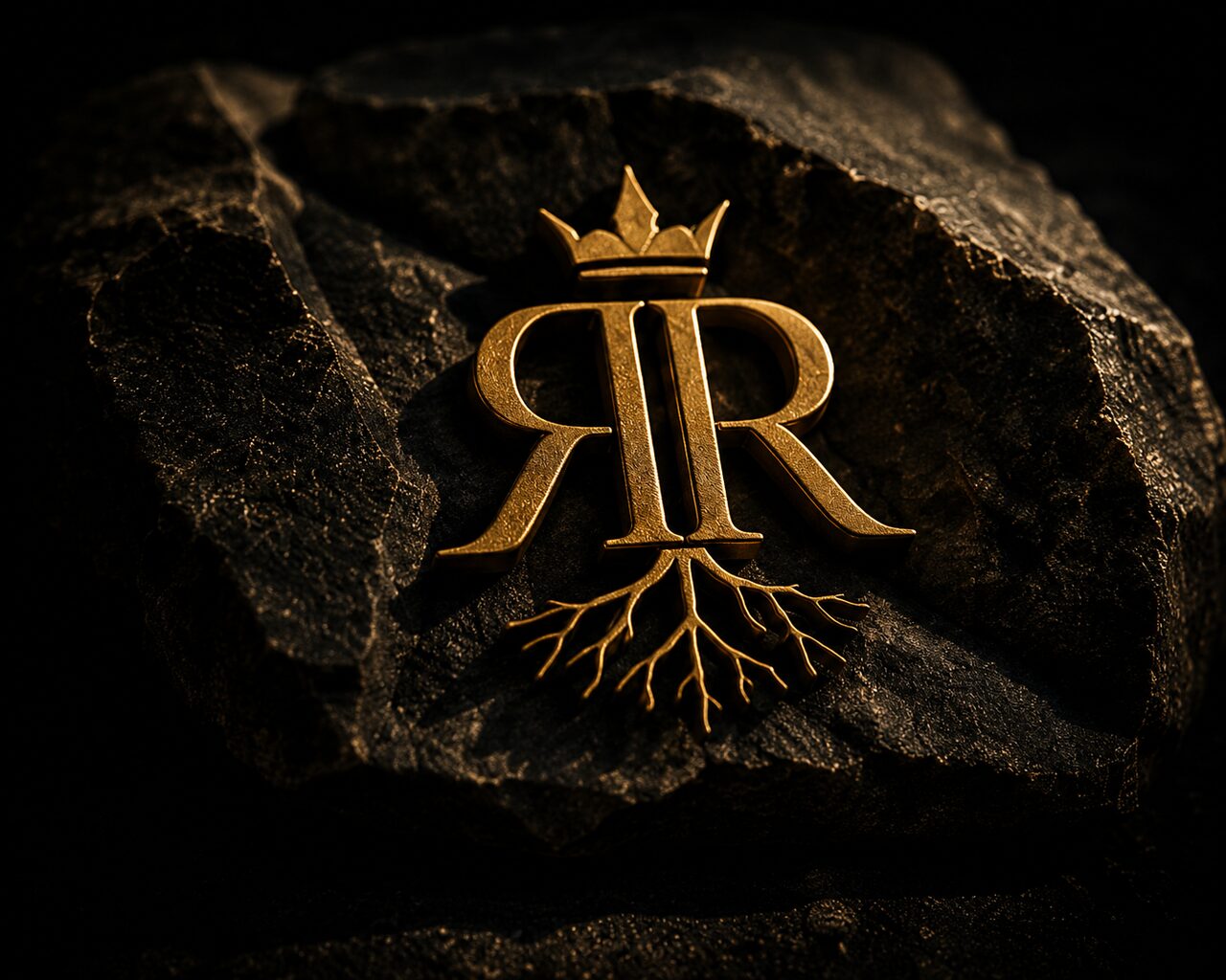 Rooted Rich gold monogram emblem pressed into dark stone