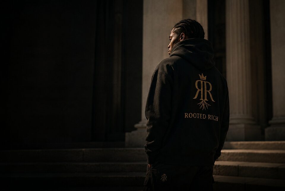 Rooted Rich campaign — model in the black RR monogram hoodie standing before stone columns