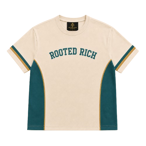 Rooted Rich varsity tee — front