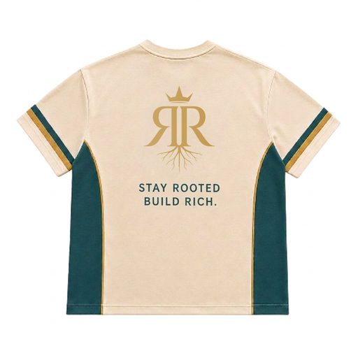Rooted Rich varsity tee — back with crest