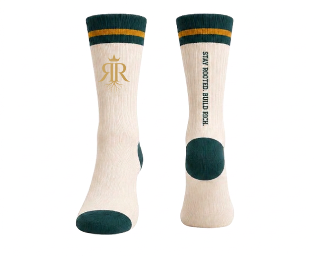 Rooted Rich crew socks in cream, teal and gold