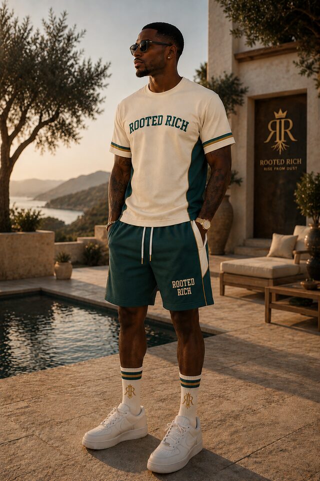 Rooted Rich coastal chapter — full varsity set by the water at golden hour