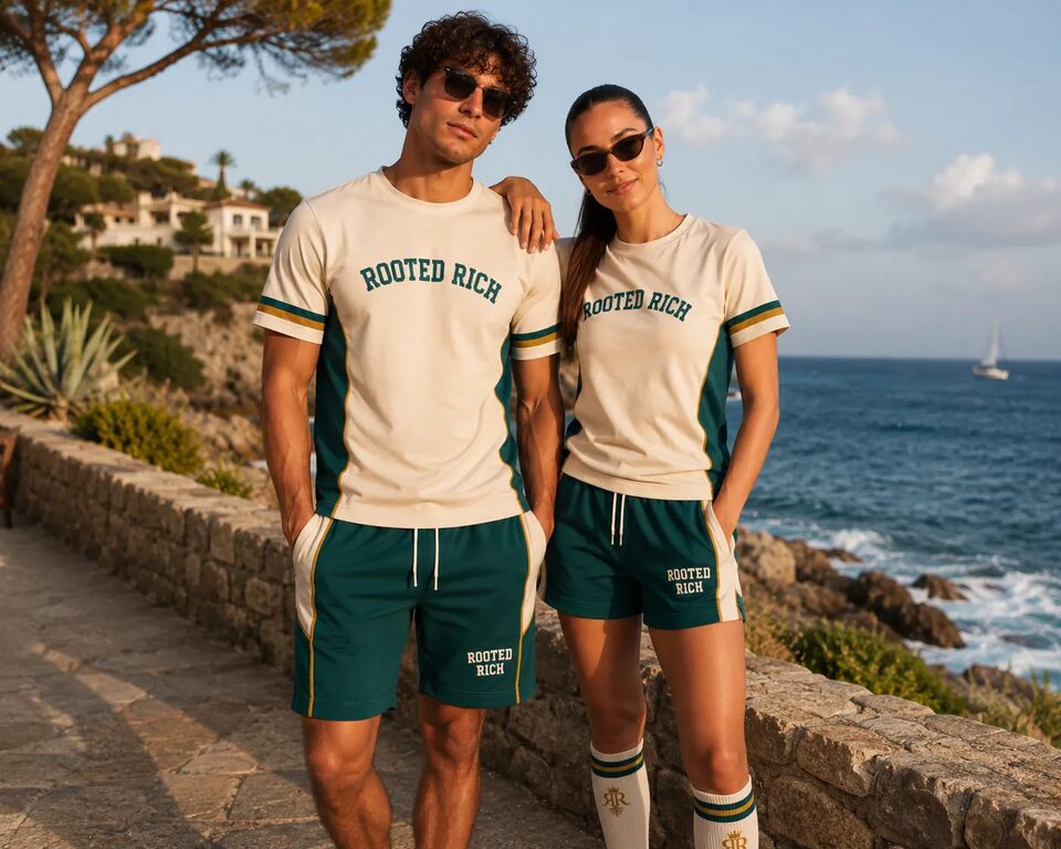 Rooted Rich campaign — seaside editorial in matching tee and shorts sets